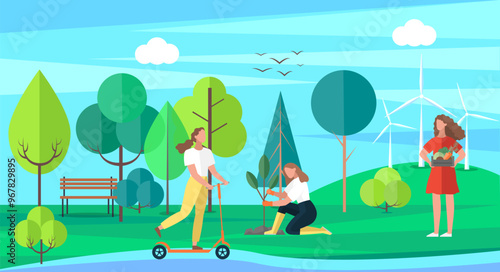 Active walks outdoors. Girl riding kick scooter in park or lawn, gardener takes care of plant. Child on walk actively spends time outdoor. Healthy lifestyle and family walks summer sunny weather