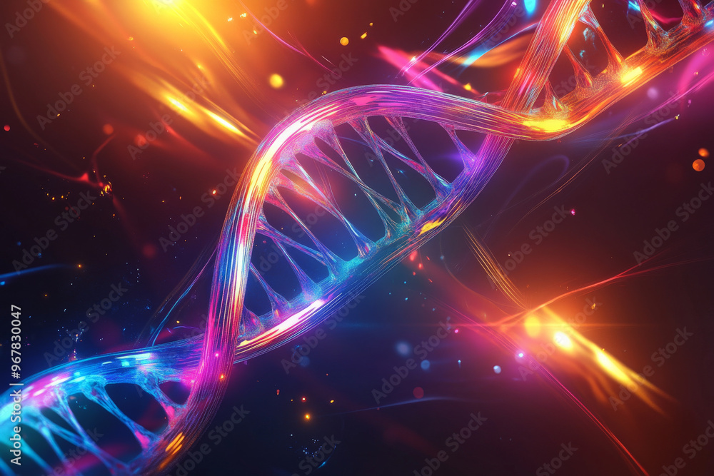 Obraz premium An abstract background with a metallic DNA strand surrounded by bright neon lights and swirling lines, set against a smooth, dark gradient.