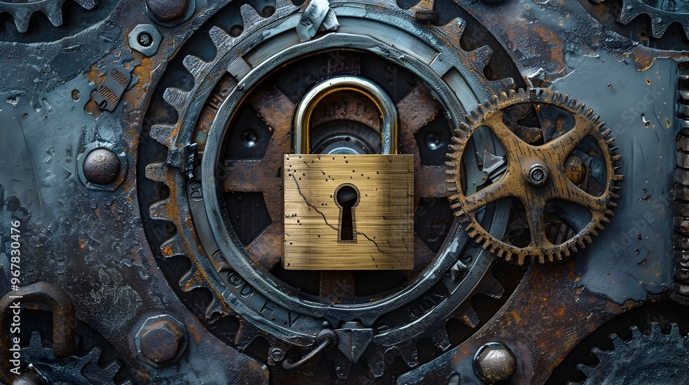 Padlock Icon with Gears and Mechanical Parts Showcasing Industrial Strength and Reliability Padlock Icon with Gears and Mechanical Parts Showcasing Industrial Strength and Reliability