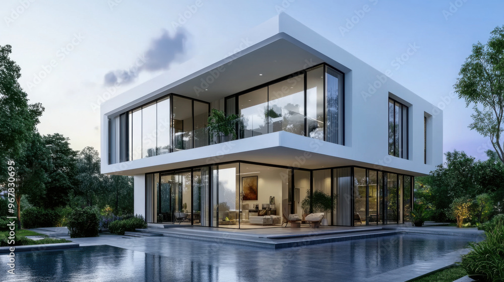 A sleek, modern two-story house with floor-to-ceiling windows, surrounded by lush greenery and reflecting on a serene pool. A sleek, modern two-story house with floor-to-ceiling windows, surrounded by lush greenery and reflecting on a serene pool.
