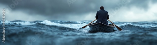 A person rowing a small boat in rough waters under a stormy sky, displaying determination and courage amidst challenging conditions.