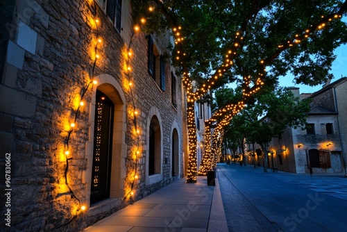 The festival lights twinkling in the streets of Avignon, decorating the old town during a summer evening celebration