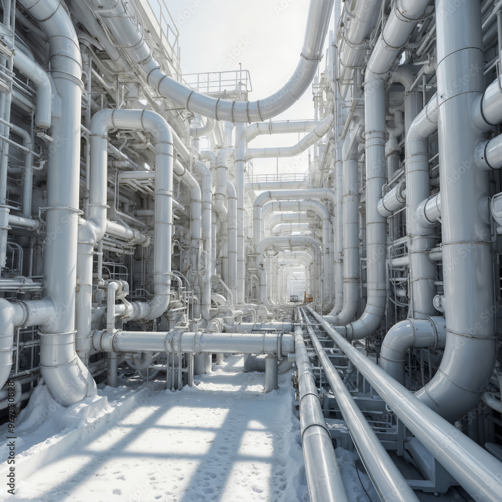 Industrial exterior of factory premises. Layout of a white 3d pipeline Industrial exterior of factory premises. Layout of a white 3d pipeline