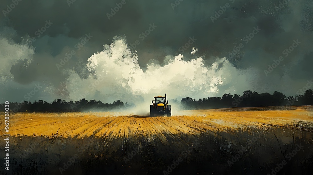 Fototapeta premium Tractor Spraying Crops at Sunset