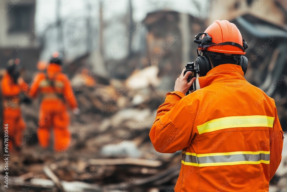 A rescue worker in an orange uniform uses a radio communication device amidst debris during earthquake rescue operations A rescue worker in an orange uniform uses a radio communication device amidst debris during earthquake rescue operations
