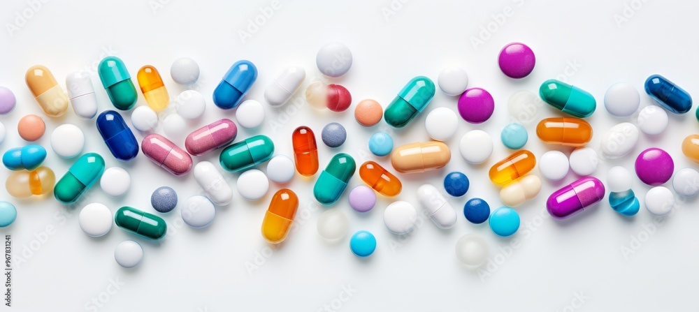 Various colorful capsules and tablets scattered on a white surface in an organized arrangement Various colorful capsules and tablets scattered on a white surface in an organized arrangement