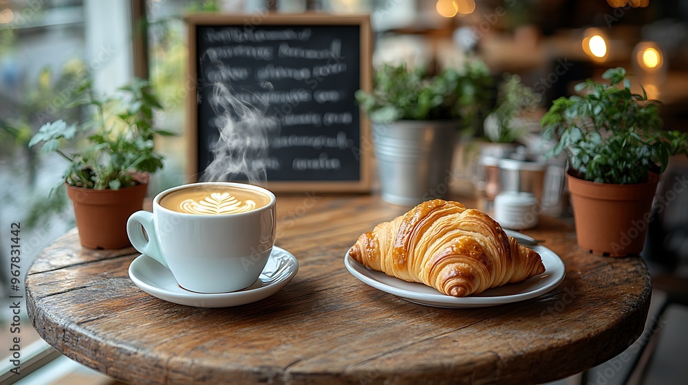 A rustic wooden table with a steaming cup of coffee and a buttery croissant, surrounded by potted plants, with a handwritten chalkboard menu in the background, A rustic wooden table with a steaming cup of coffee and a buttery croissant, surrounded by potted plants, with a handwritten chalkboard menu in the background,