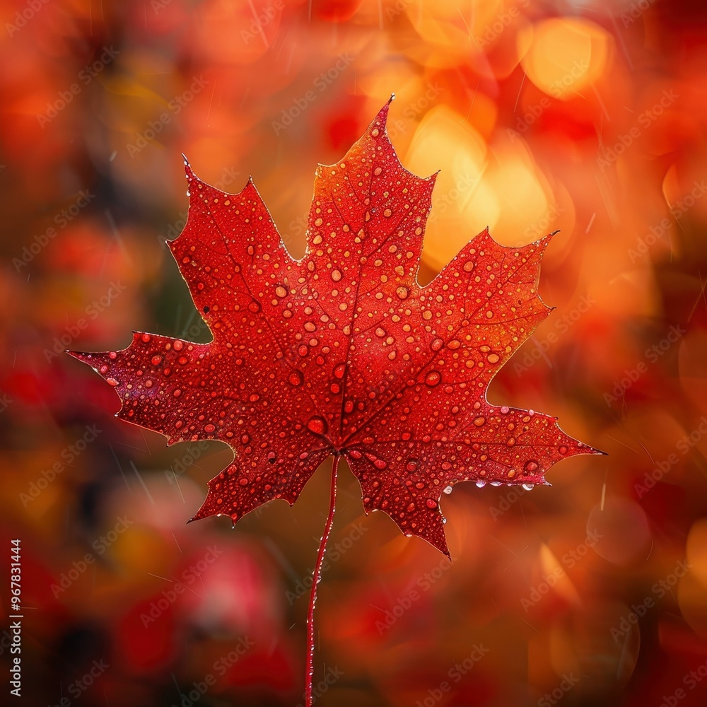 A single red maple leaf with water droplets, against a blurred background of autumn colors. A single red maple leaf with water droplets, against a blurred background of autumn colors.