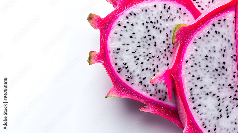 Close-Up of a Sliced Dragon Fruit with Bright Pink Skin Against a Solid White Background Highlighting Exotic Appearance Close-Up of a Sliced Dragon Fruit with Bright Pink Skin Against a Solid White Background Highlighting Exotic Appearance