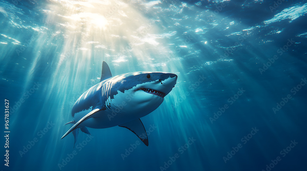 Fototapeta premium High-Definition Image of a Great White Shark Swimming Below the Ocean Surface with Sunlight Rays Penetrating the Clear Blue Sea