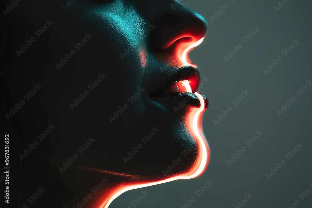 Side profile of a person with a halfshadowed face, showcasing the LEDlit teeth as a symbol of cuttingedge dental technology Side profile of a person with a halfshadowed face, showcasing the LEDlit teeth as a symbol of cuttingedge dental technology