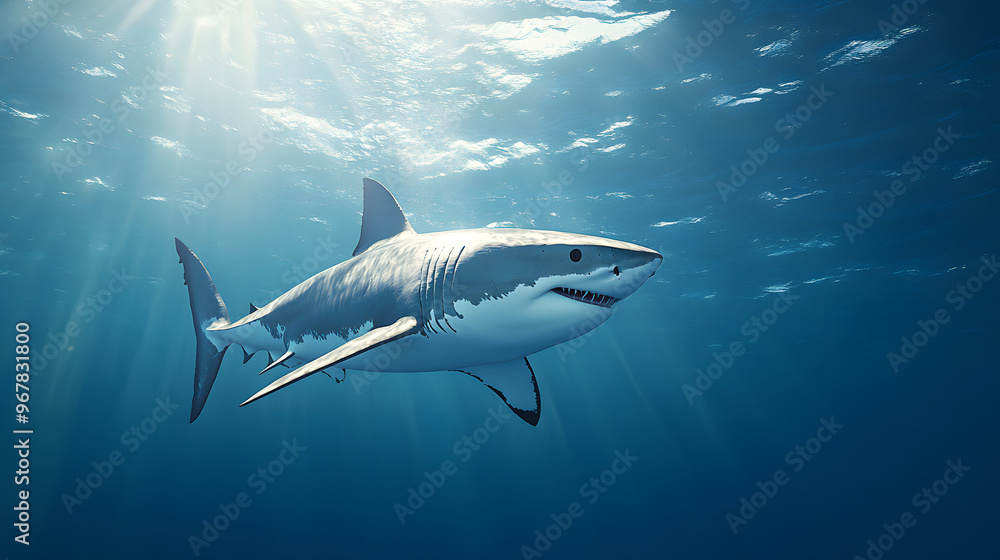 High-Definition Image of a Great White Shark Swimming Below the Ocean Surface with Sunlight Rays Penetrating the Clear Blue Sea High-Definition Image of a Great White Shark Swimming Below the Ocean Surface with Sunlight Rays Penetrating the Clear Blue Sea