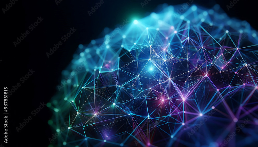 Abstract geometric design featuring a network of illuminated translucent lines forming interconnected shapes. The vibrant hues of blue purple and green create a dynamic glow against a dark background Abstract geometric design featuring a network of illuminated translucent lines forming interconnected shapes. The vibrant hues of blue purple and green create a dynamic glow against a dark background