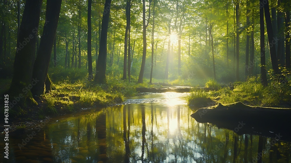 Sunbeams Illuminating a Tranquil Forest Stream Sunbeams Illuminating a Tranquil Forest Stream