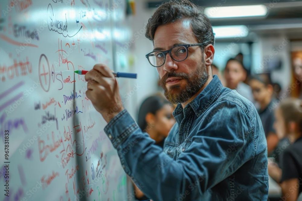 A focused man writing on a glass board, sharing ideas in a collaborative workspace filled with people, showcasing creativity and teamwork. A focused man writing on a glass board, sharing ideas in a collaborative workspace filled with people, showcasing creativity and teamwork.