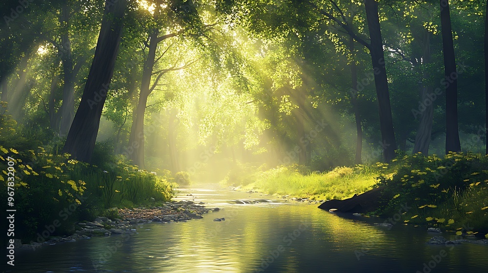Sunbeams Illuminating a Tranquil Forest Stream Sunbeams Illuminating a Tranquil Forest Stream