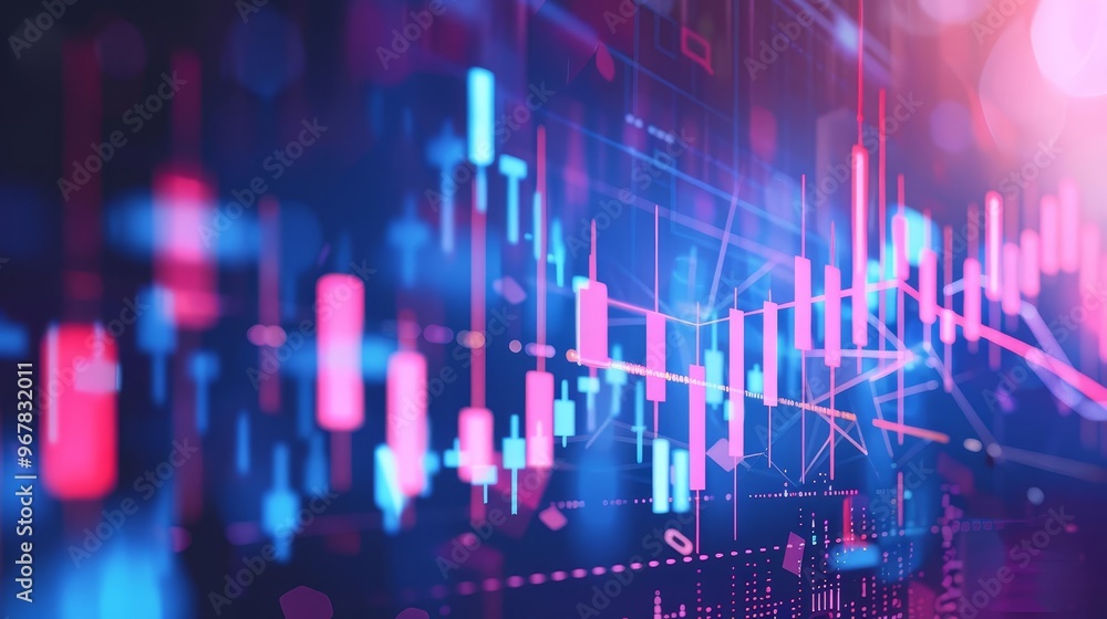 vibrant digital background showcases abstract financial data with colorful candlestick charts in blue, pink, and purple on a dark backdrop, perfect for finance, investment, and tech presentations. vibrant digital background showcases abstract financial data with colorful candlestick charts in blue, pink, and purple on a dark backdrop, perfect for finance, investment, and tech presentations.