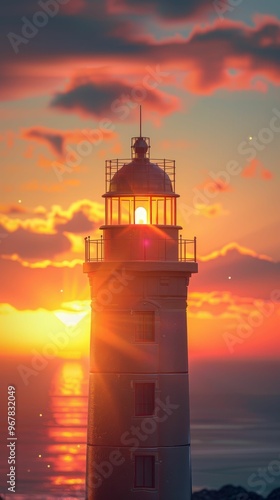 A solitary lighthouse stands tall against a vibrant sunset, its beacon shining brightly over the vast ocean.