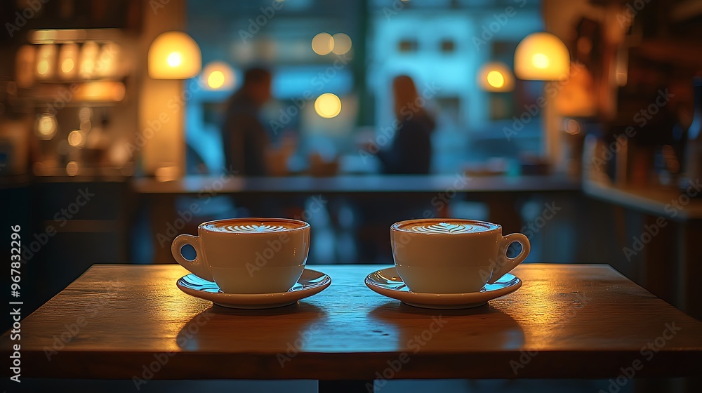 Fototapeta premium A small coffee shop at night, two cups of coffee on a dimly lit table, warm golden lighting creating soft shadows, blurred figures in the background talking quietly,