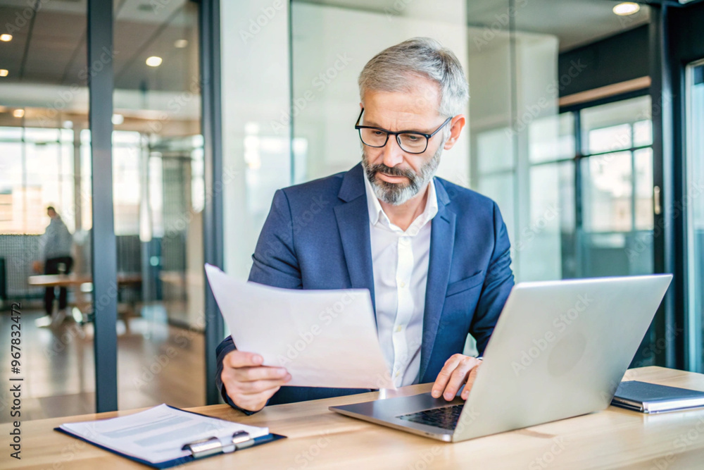 Professional Man Working on Laptop in a Modern Office, Holding Documents in a Productive Setting Professional Man Working on Laptop in a Modern Office, Holding Documents in a Productive Setting
