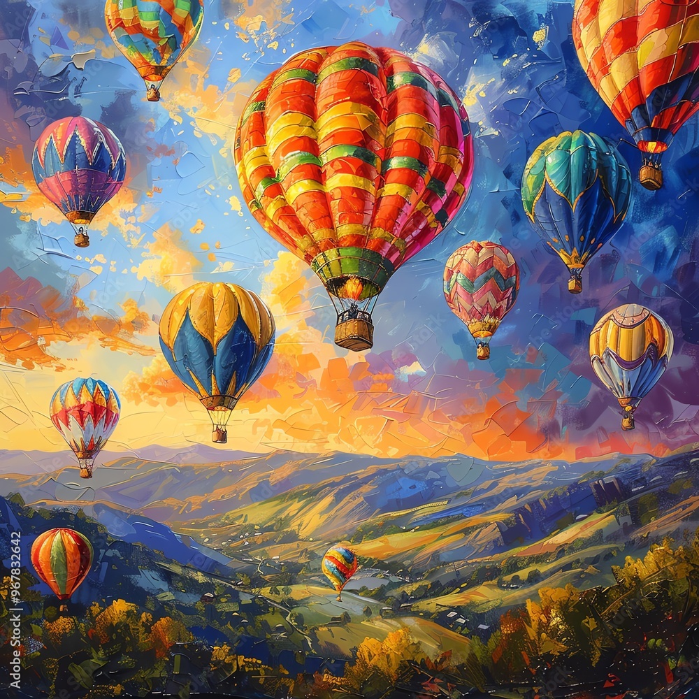 Obraz premium Brightly colored hot air balloons over valleys