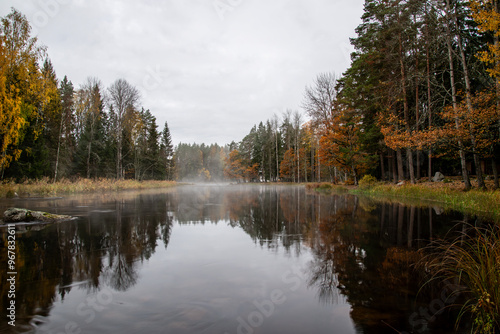 Swedish salomon river area in autumn before the sunrise. photo