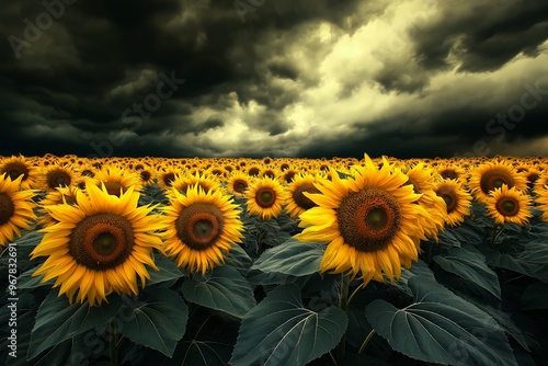 A vibrant sunflower field contrasts against a dramatic sky filled with dark mammatus clouds under late afternoon light photo