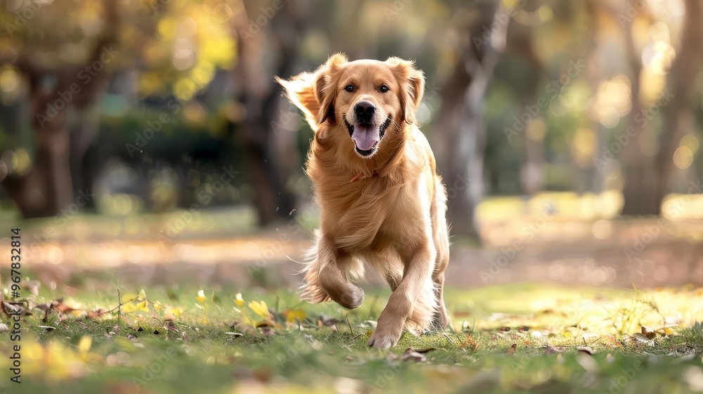 A joyful golden retriever runs through a sunlit park, its fur glistening as it bounds over grassy areas dotted with autumn leaves, embodying joy and companionship in nature. A joyful golden retriever runs through a sunlit park, its fur glistening as it bounds over grassy areas dotted with autumn leaves, embodying joy and companionship in nature.