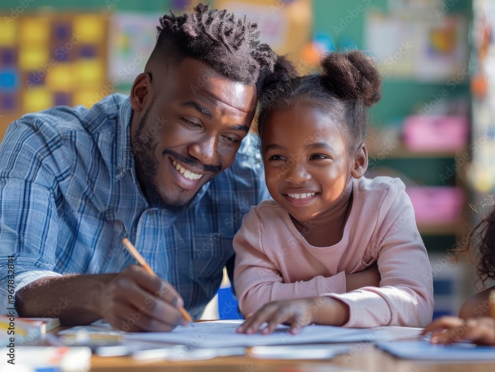 A joyful moment of a father and daughter bonding over drawings, showcasing creativity and love in a vibrant classroom. A joyful moment of a father and daughter bonding over drawings, showcasing creativity and love in a vibrant classroom.