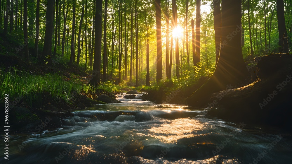 Obraz premium Sunbeams Illuminating a Tranquil Forest Stream