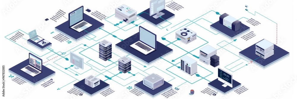 A modern isometric illustration showcases interconnected digital devices, including laptops, smartphones, and servers on stylized platforms, symbolizing today's tech landscape. A modern isometric illustration showcases interconnected digital devices, including laptops, smartphones, and servers on stylized platforms, symbolizing today's tech landscape.