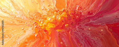 An explosion of liquid paints in sunset colors, including orange, pink, and red, with a glossy, reflective surface that mimics the warmth of a sunset. photo