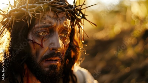 A striking image of a man with a thorn crown symbolizes suffering and sacrifice. His anguished expression and emotional eyes contrast with a blurred, natural background, creating a somber mood.