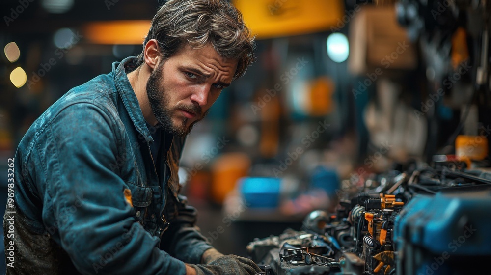 Mechanic's Focused Determination Under Stressful Engine Repair Mechanic's Focused Determination Under Stressful Engine Repair