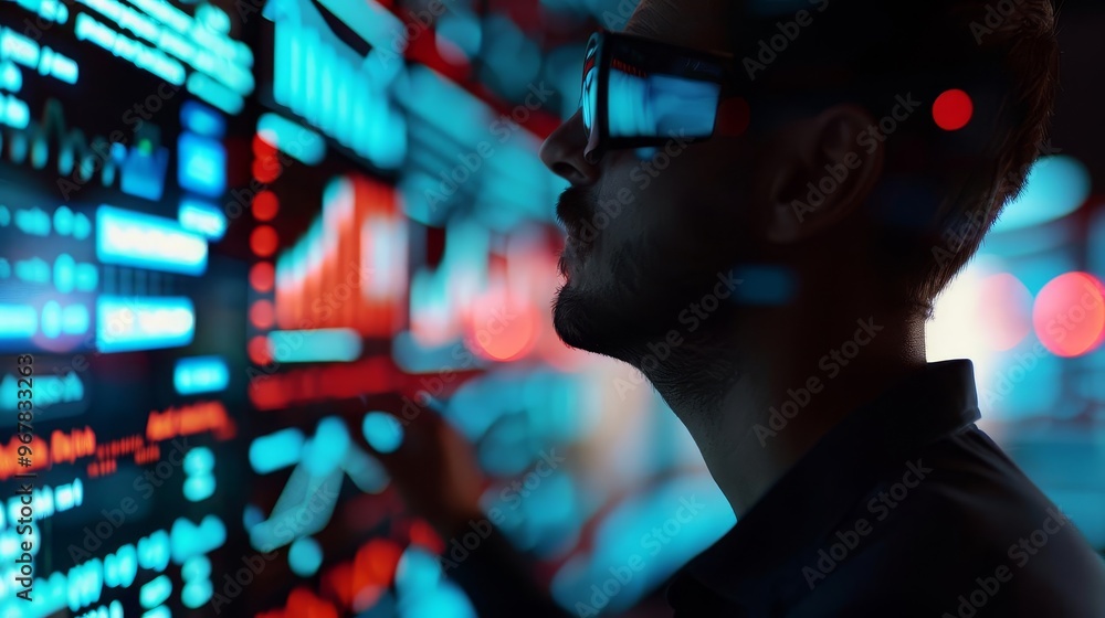 Silhouette of a man analyzing data on a computer screen, surrounded by glowing digital information. Silhouette of a man analyzing data on a computer screen, surrounded by glowing digital information.