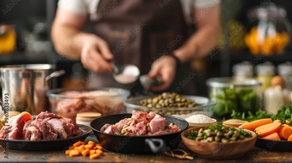 Obraz premium A chef preparing a meal with fresh ingredients, including meat, vegetables, and spices.