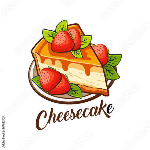 Cheese cake logo vector illustration template with strawberries on top