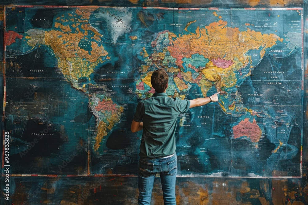 Fototapeta premium A person explores a detailed world map, pointing towards a specific location in an engaging learning environment.