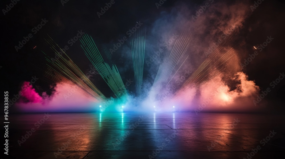 Fototapeta premium Neon Laser Beams and Smoke on Dark Background