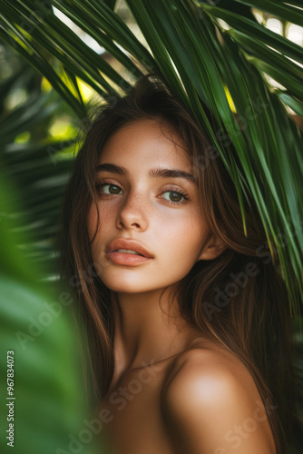 Beautiful girl, elegantly posing in front of palm leaves, her glowing complexion contrasting against the vibrant green foliage.