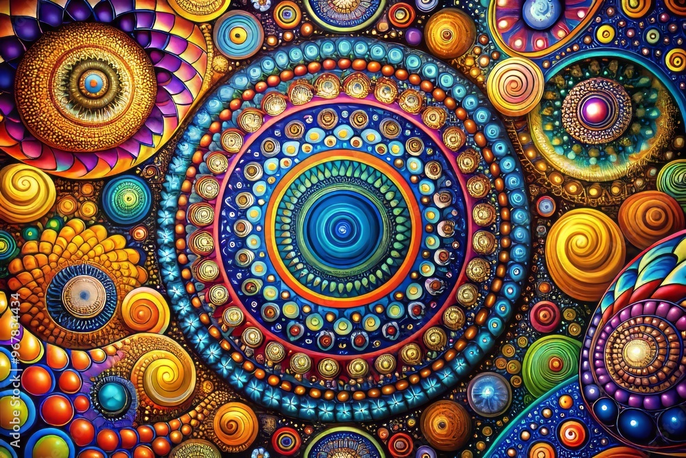 Intricate, psychedelic patterns created with a geometric drawing toy, featuring colorful, swirling shapes and circles Intricate, psychedelic patterns created with a geometric drawing toy, featuring colorful, swirling shapes and circles