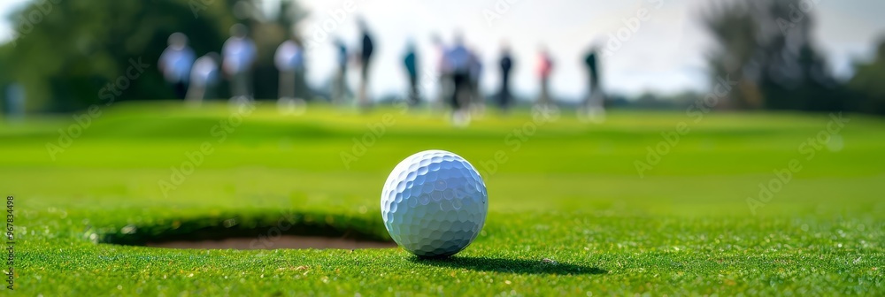 Golf ball on green with blurred golfers in background Golf ball on green with blurred golfers in background