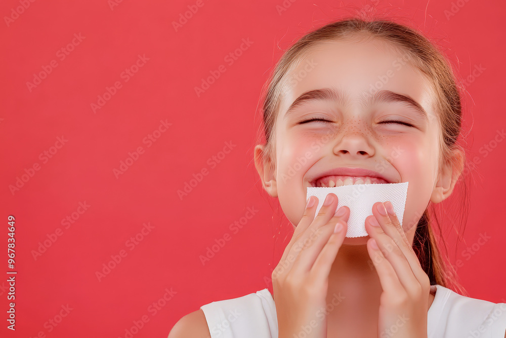 Caucasian school-age girl happily using oil blotting paper on her nose. The red background adds a youthful, vibrant energy to her skincare routine. Caucasian school-age girl happily using oil blotting paper on her nose. The red background adds a youthful, vibrant energy to her skincare routine.
