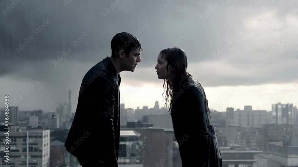 Couple Standing and Arguing on a Rooftop During a Rainstorm Couple Standing and Arguing on a Rooftop During a Rainstorm