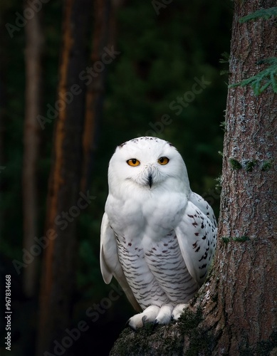 A majestic white owl sitting at the edge of a tree branch with dark trees all around it with copy space