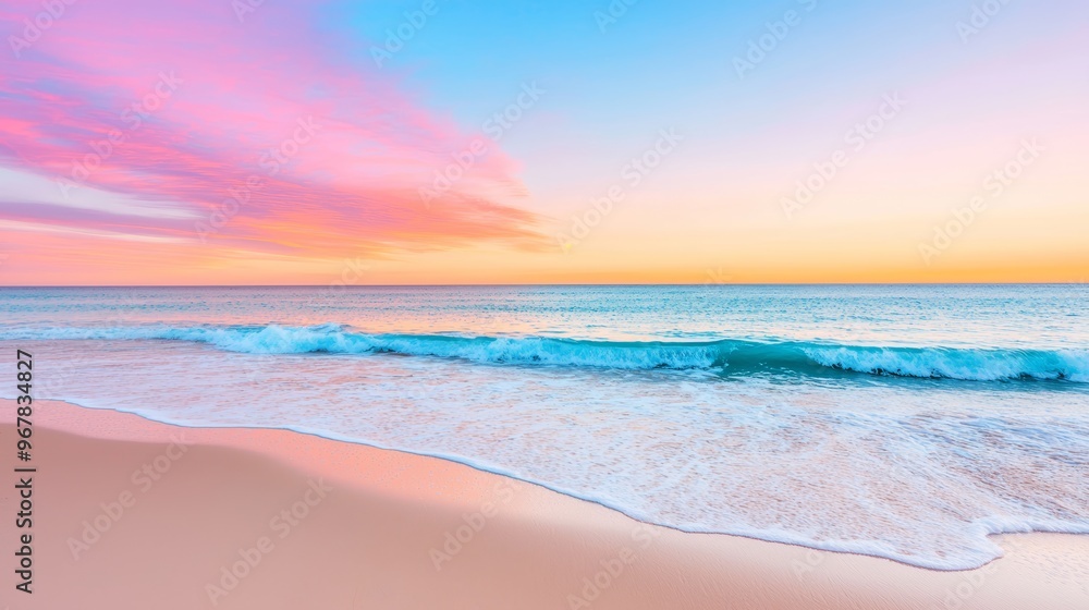 Obraz premium A serene beach at sunset, with vibrant orange and pink skies, and gentle waves lapping at the shore