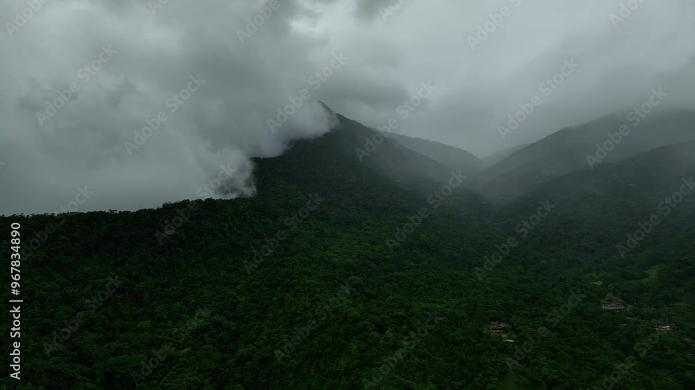 Aerial view of lush and dense brazilian rainforest with clouds over majestic mountains, Sao Paulo, Brazil. Aerial view of lush and dense brazilian rainforest with clouds over majestic mountains, Sao Paulo, Brazil.