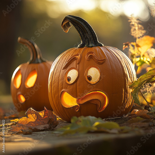 pumpkins with funny facial expressions in forest background photo