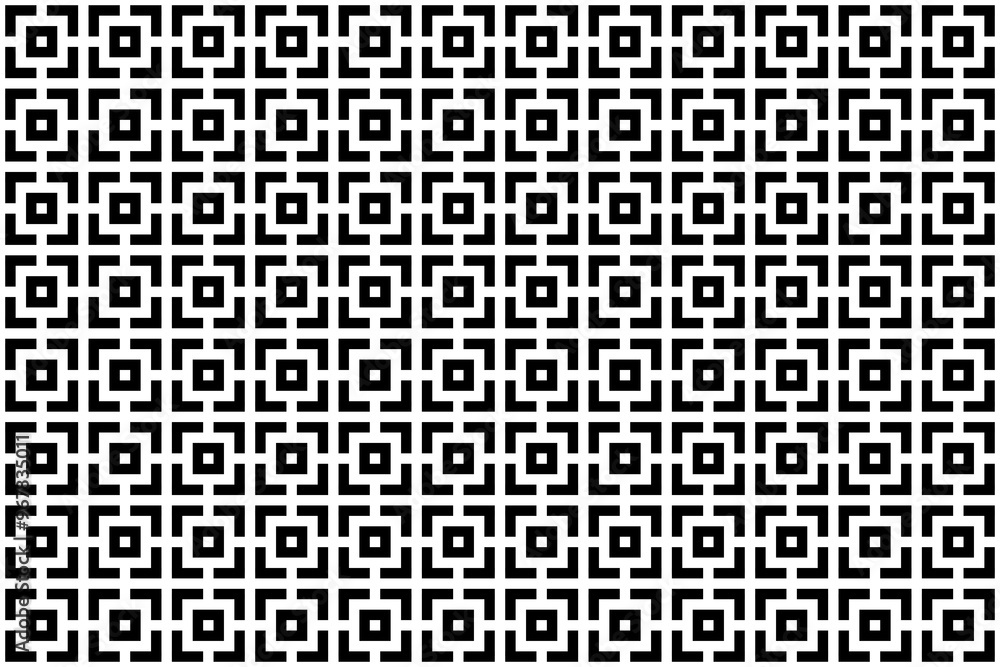 A striking symmetrical geometric pattern in black and white, featuring interconnected square shapes forming a repetitive and uniform grid. This design is ideal for architectural motifs, modern graphic A striking symmetrical geometric pattern in black and white, featuring interconnected square shapes forming a repetitive and uniform grid. This design is ideal for architectural motifs, modern graphic