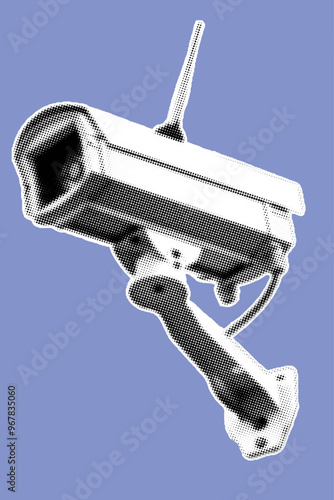 close up of cctv camera pixelate color halftone dotted texture style collage element isolated on blue background